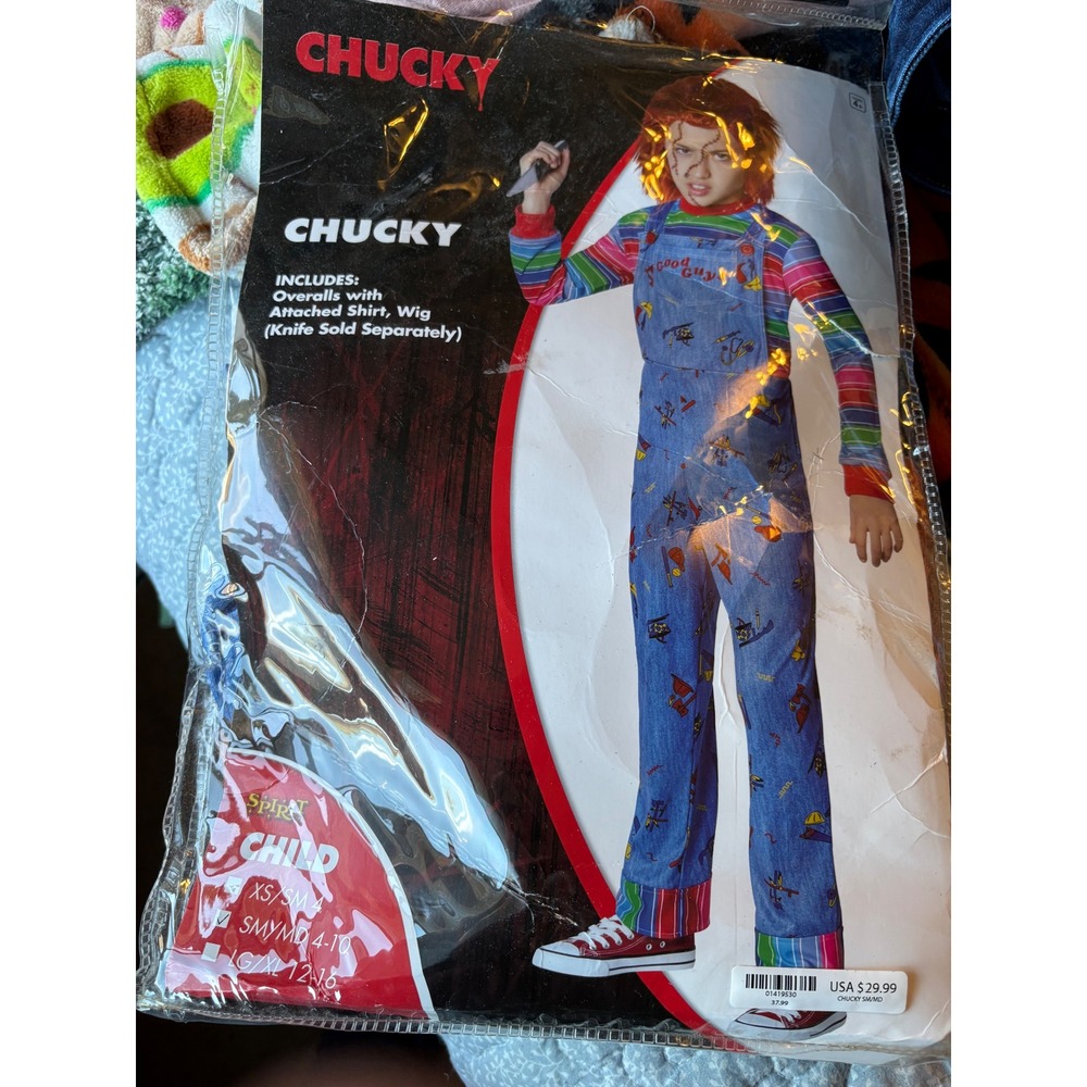 Spirit Halloween Chucky Costume Kids Size SM/MD 4-10 Blue Horror Movie Wig